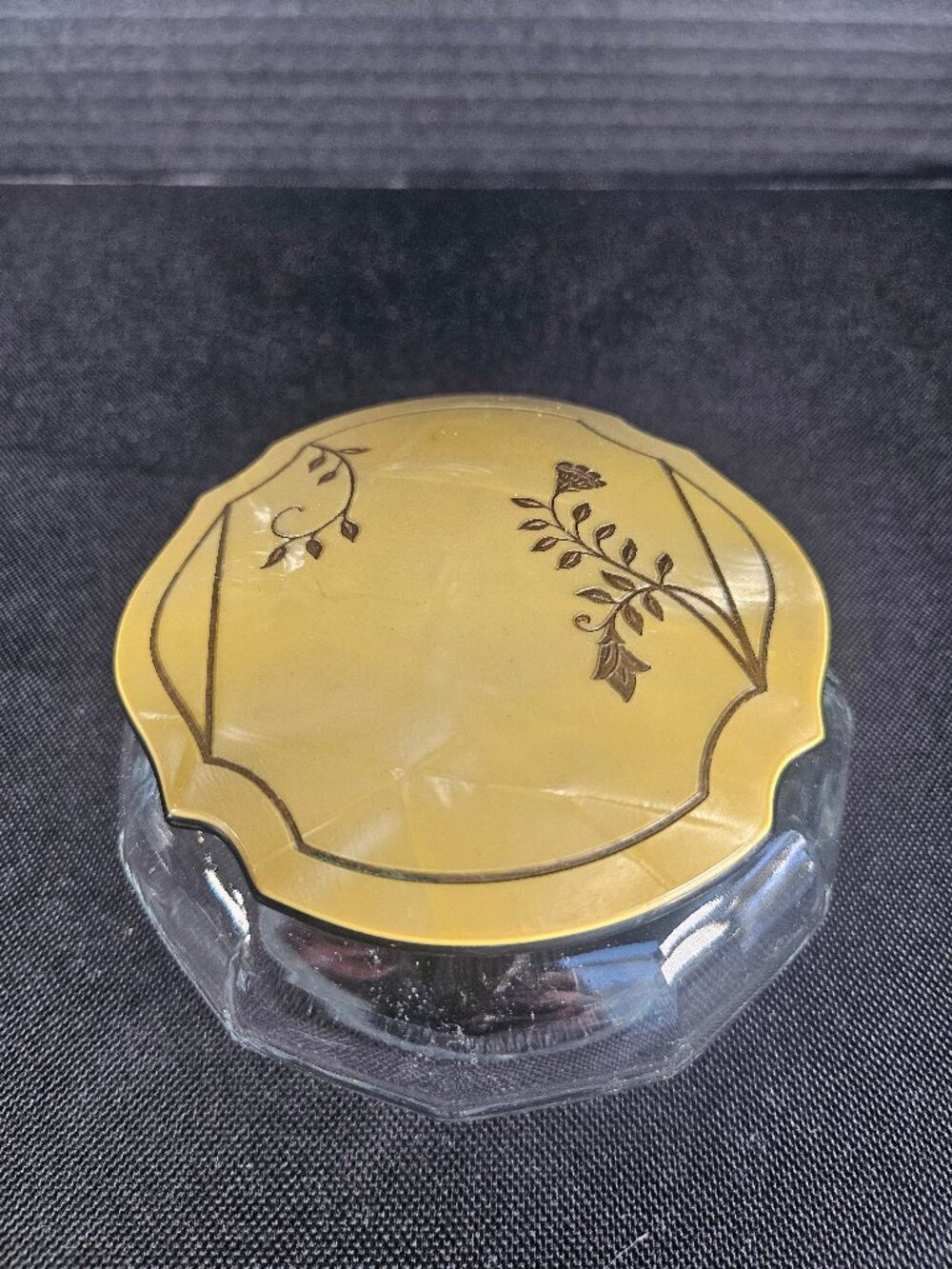 Antique 1930s Faceted Amber Glass Dresser Jar With Etched Floral Celluloid Top